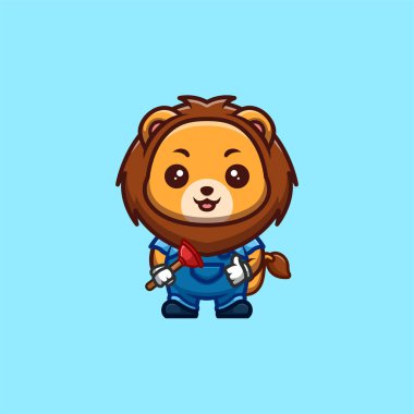 Lion Plumber Cute Creative Kawaii Cartoon Mascot Logo