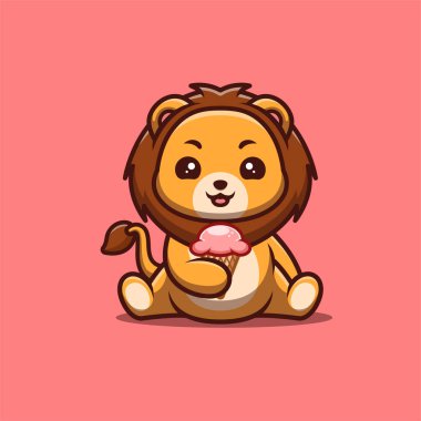 Lion Sitting Eating Ice Cream Cute Creative Kawaii Cartoon Mascot Logo