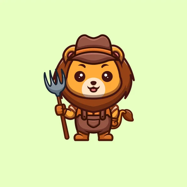 Lion Farmer Cute Creative Kawaii Cartoon Mascot Logo — Archivo Imágenes Vectoriales