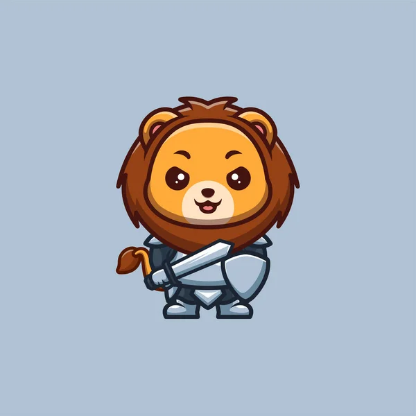 Lion Knight Cute Creative Kawaii Cartoon Mascot Logo — Wektor stockowy