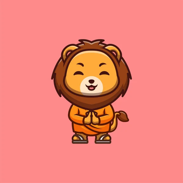 Lion Monk Cute Creative Kawaii Cartoon Mascot Logo — Vettoriale Stock