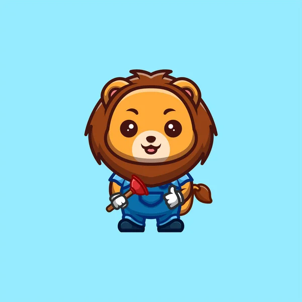 Lion Plumber Cute Creative Kawaii Cartoon Mascot Logo — Archivo Imágenes Vectoriales