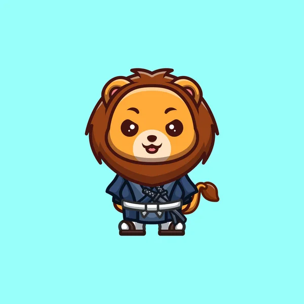 Lion Samurai Cute Creative Kawaii Cartoon Mascot Logo — Archivo Imágenes Vectoriales