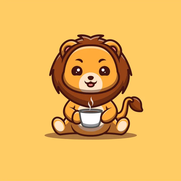 Lion Sitting Drink Coffee Cute Creative Kawaii Cartoon Mascot Logo — стоковый вектор