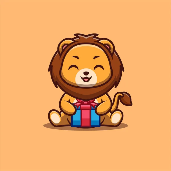 Lion Sitting Gift Box Cute Creative Kawaii Cartoon Mascot Logo — Vector de stock