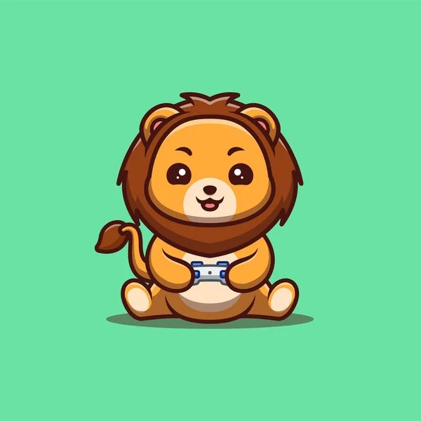 Lion Sitting Gaming Cute Creative Kawaii Cartoon Mascot Logo — Image vectorielle