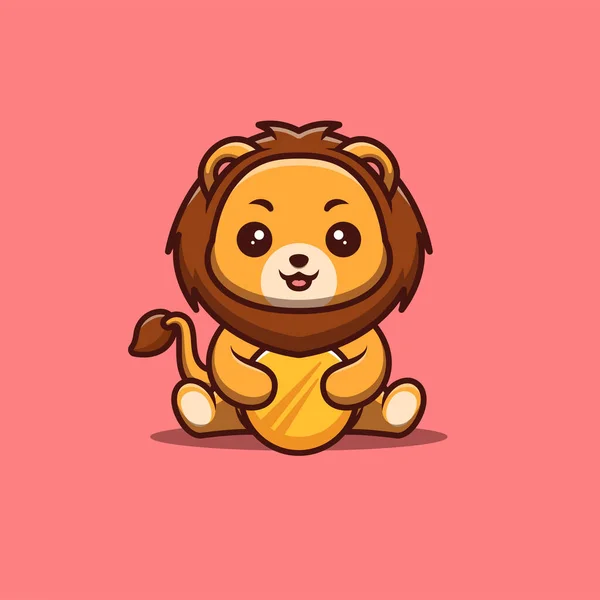 Lion Sitting Gold Coin Cute Creative Kawaii Cartoon Mascot Logo — Vettoriale Stock