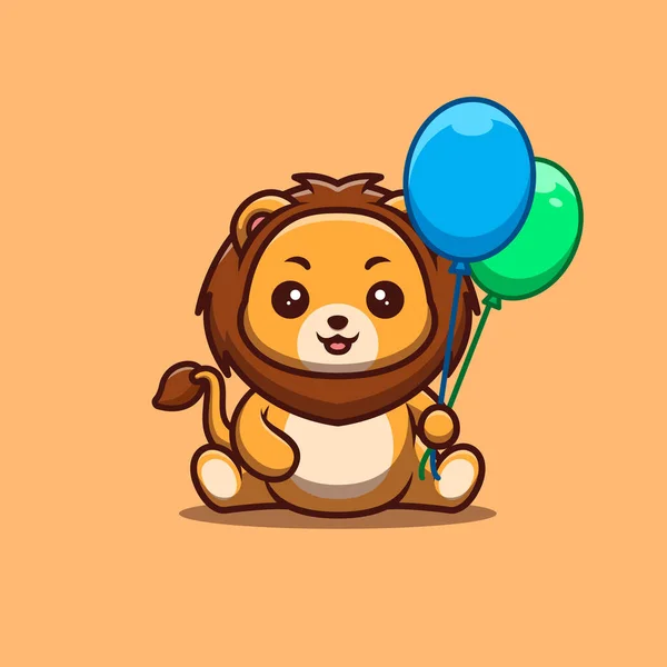 Lion Sitting Hold Balloon Cute Creative Kawaii Cartoon Mascot Logo — Stockvektor