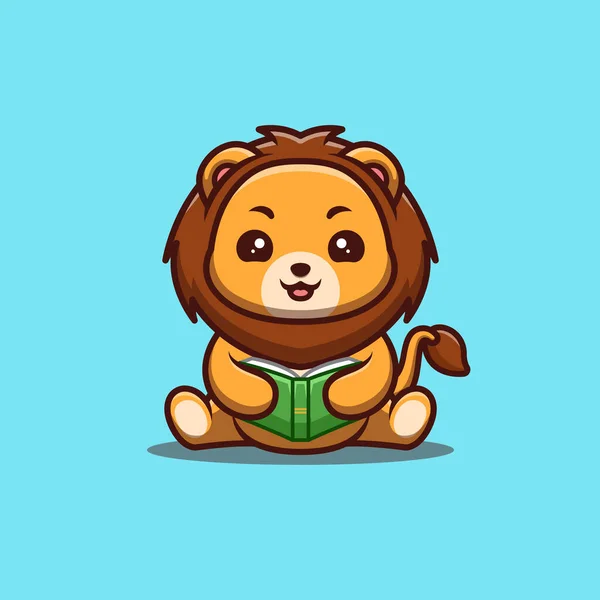 Lion Sitting Reading Book Cute Creative Kawaii Cartoon Mascot Logo — Vetor de Stock