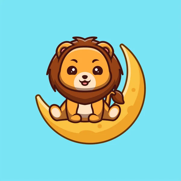 Lion Sitting Moon Cute Creative Kawaii Cartoon Mascot Logo — 스톡 벡터