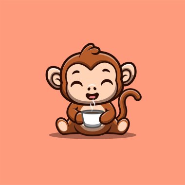Monkey Sitting Drink Coffee Cute Creative Kawaii Cartoon Mascot Logo
