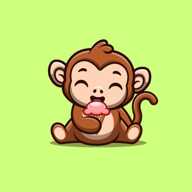 Monkey Sitting Eating Ice Cream Cute Creative Kawaii Cartoon Mascot Logo