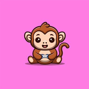 Monkey Sitting Gaming Cute Creative Kawaii Cartoon Mascot Logo