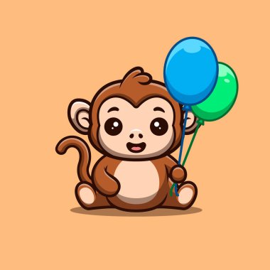 Monkey Sitting Hold Balloon Cute Creative Kawaii Cartoon Mascot Logo