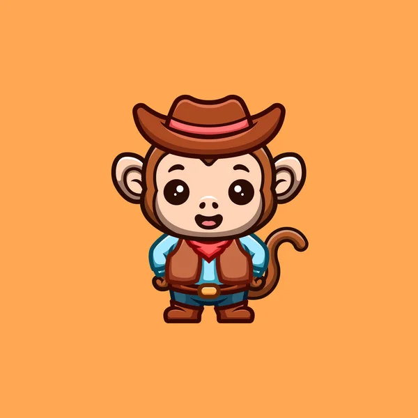 Monkey Cowboy Cute Creative Kawaii Cartoon Mascot Logo — Vector de stock
