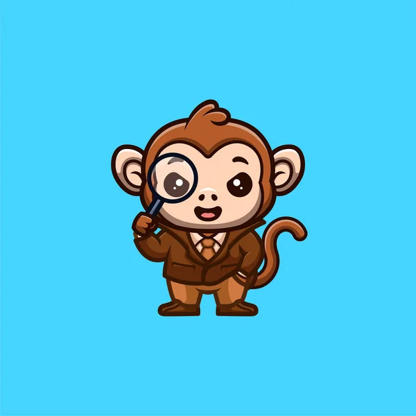 Monkey Detective Cute Creative Kawaii Cartoon Mascot Logo — Stock Vector