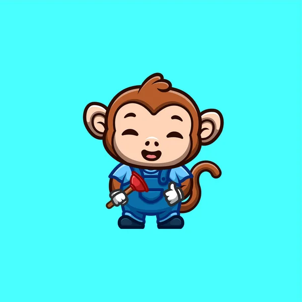 Monkey Plumber Cute Creative Kawaii Cartoon Mascot Logo — 图库矢量图片