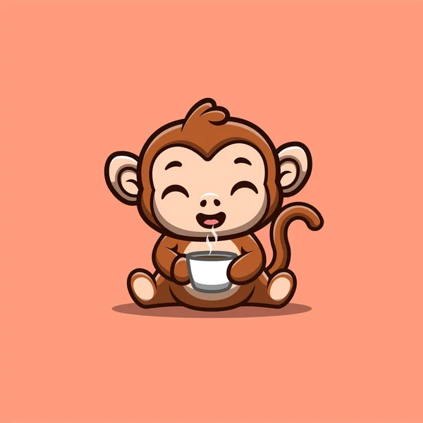 Monkey Sitting Drink Coffee Cute Creative Kawaii Cartoon Mascot Logo — Image vectorielle