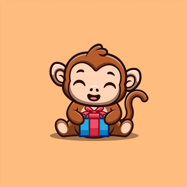 Monkey Sitting Gift Box Cute Creative Kawaii Cartoon Mascot Logo — Vector de stock