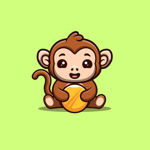 Monkey Sitting Gold Coin Cute Creative Kawaii Cartoon Mascot Logo — Image vectorielle