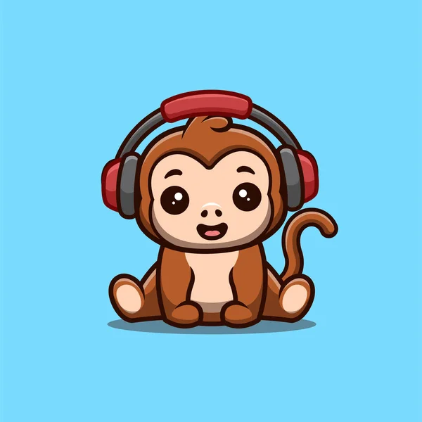 Monkey Sitting Hearing Music Cute Creative Kawaii Cartoon Mascot Logo — Stock Vector