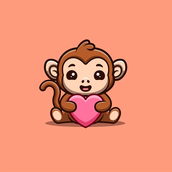 Monkey Sitting Love Cute Creative Kawaii Cartoon Mascot Logo — 图库矢量图片