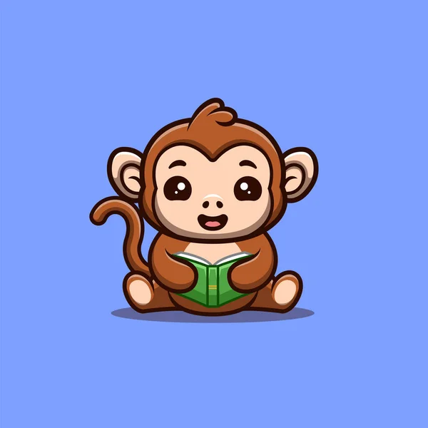 Monkey Sitting Reading Book Cute Creative Kawaii Cartoon Mascot Logo — Stock Vector