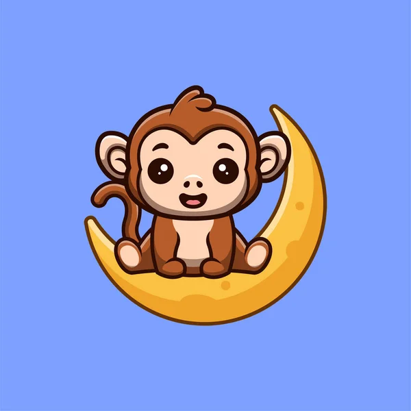 Monkey Sitting Moon Cute Creative Kawaii Cartoon Mascot Logo — 图库矢量图片