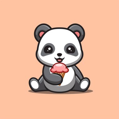 Panda Sitting Eating Ice Cream Cute Creative Kawaii Cartoon Mascot Logo