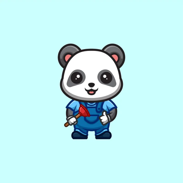 Panda Plumber Cute Creative Kawaii Cartoon Mascot Logo — Vettoriale Stock