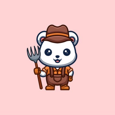 Polar Bear Farmer Cute Creative Kawaii Cartoon Mascot Logo