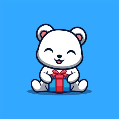 Polar Bear Sitting Gift Box Cute Creative Kawaii Cartoon Mascot Logo
