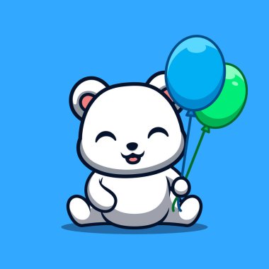Polar Bear Sitting Hold Balloon Cute Creative Kawaii Cartoon Mascot Logo