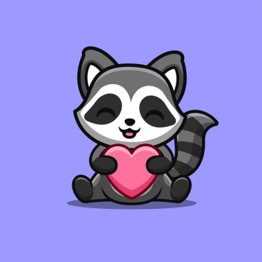 Raccoon Sitting Love Cute Creative Kawaii Cartoon Mascot Logo