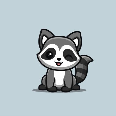 Raccoon Sitting Winking Cute Creative Kawaii Cartoon Mascot Logo