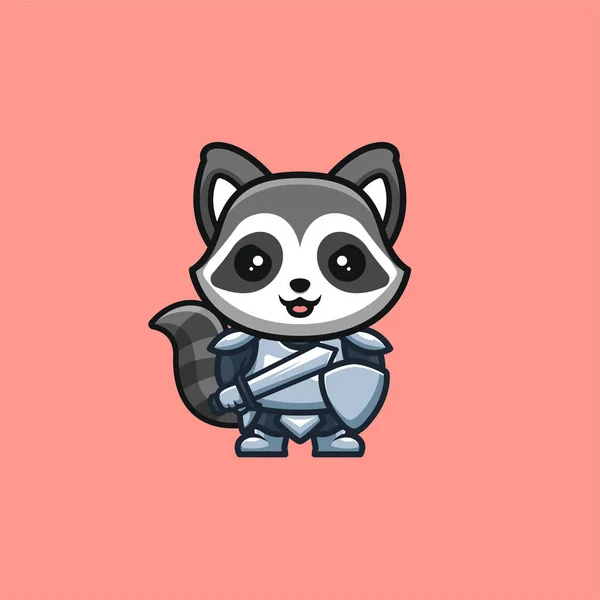 Raccoon Knight Cute Creative Kawaii Cartoon Mascot Logo — Vettoriale Stock