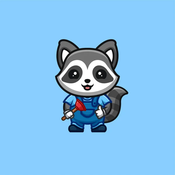 Raccoon Plumber Cute Creative Kawaii Cartoon Mascot Logo — Stock Vector