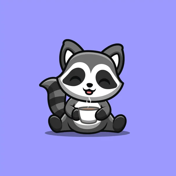 Raccoon Sitting Drink Coffee Cute Creative Kawaii Cartoon Mascot Logo