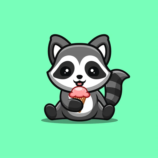 Raccoon Sitting Eating Ice Cream Cute Creative Kawaii Cartoon Mascot — Vettoriale Stock