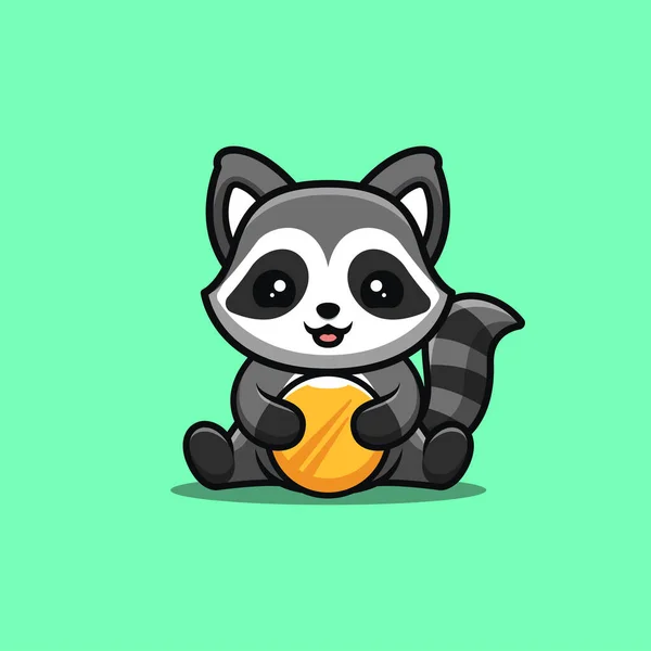 Raccoon Sitting Gold Coin Cute Creative Kawaii Cartoon Mascot Logo — Wektor stockowy