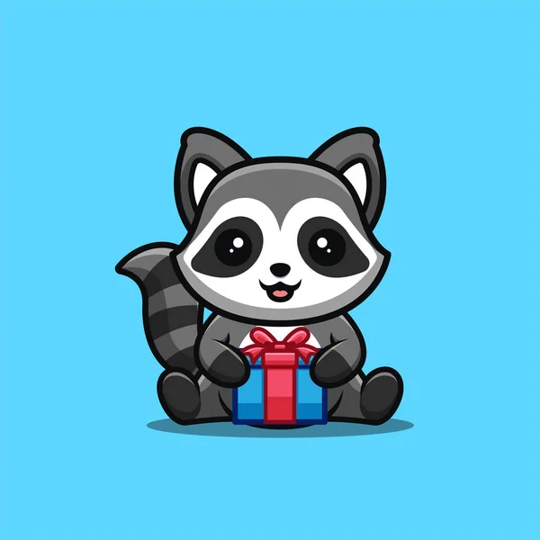 Raccoon Sitting Gift Box Cute Creative Kawaii Cartoon Mascot Logo — Stockvector