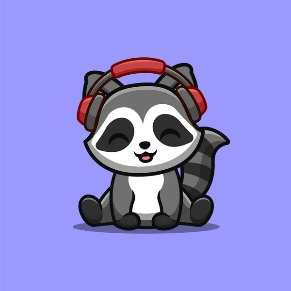 Raccoon Sitting Hearing Music Cute Creative Kawaii Cartoon Mascot Logo — Wektor stockowy