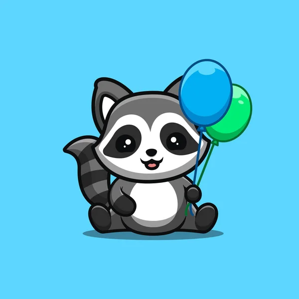 Raccoon Sitting Hold Balloon Cute Creative Kawaii Cartoon Mascot Logo — Wektor stockowy
