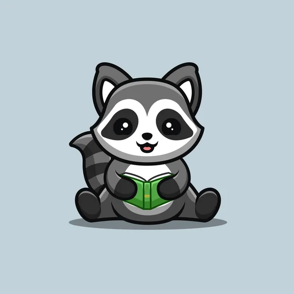 Raccoon Sitting Reading Book Cute Creative Kawaii Cartoon Mascot Logo — Stock Vector