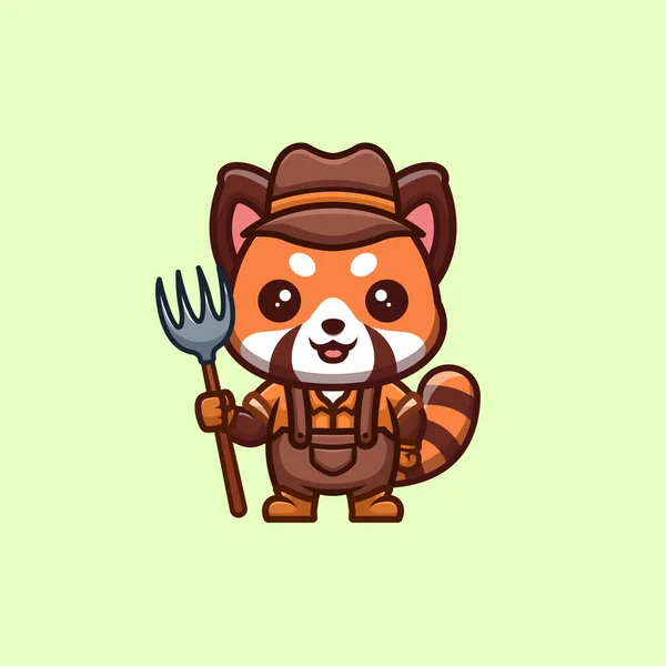 Red Panda Farmer Cute Creative Kawaii Cartoon Mascot Logo — Archivo Imágenes Vectoriales