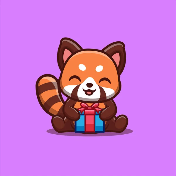 Red Panda Sitting Gift Box Cute Creative Kawaii Cartoon Mascot — стоковий вектор