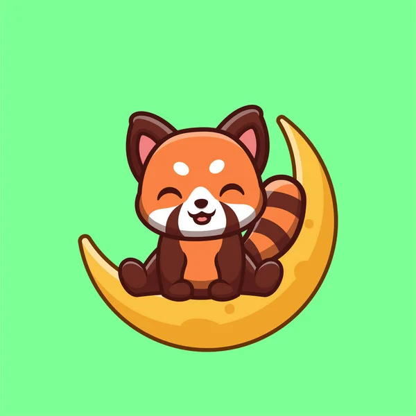 Red Panda Sitting Moon Cute Creative Kawaii Cartoon Mascot Logo - Stok Vektor