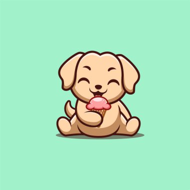 Retriever Sitting Eating Ice Cream Cute Creative Kawaii Cartoon Mascot Logo