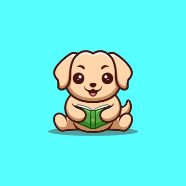 Retriever Sitting Reading Book Cute Creative Kawaii Cartoon Mascot Logo
