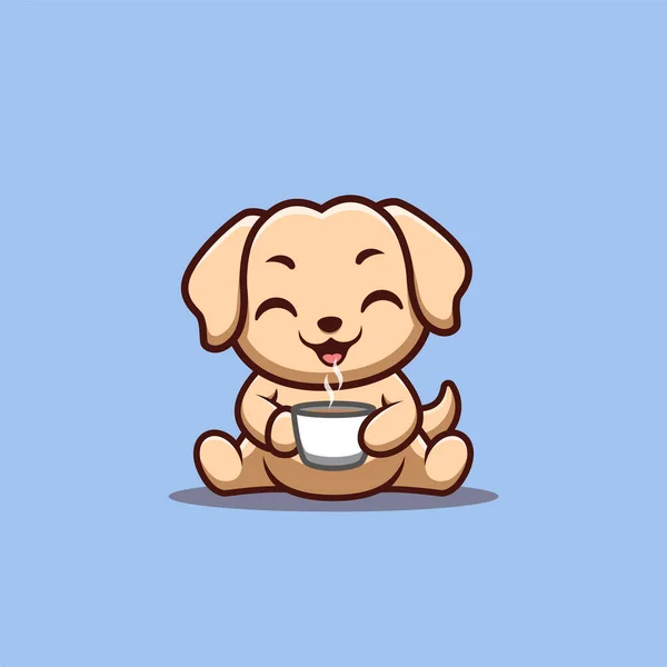 Retriever Sitting Drink Coffee Cute Creative Kawaii Cartoon Mascot Logo — Vector de stock